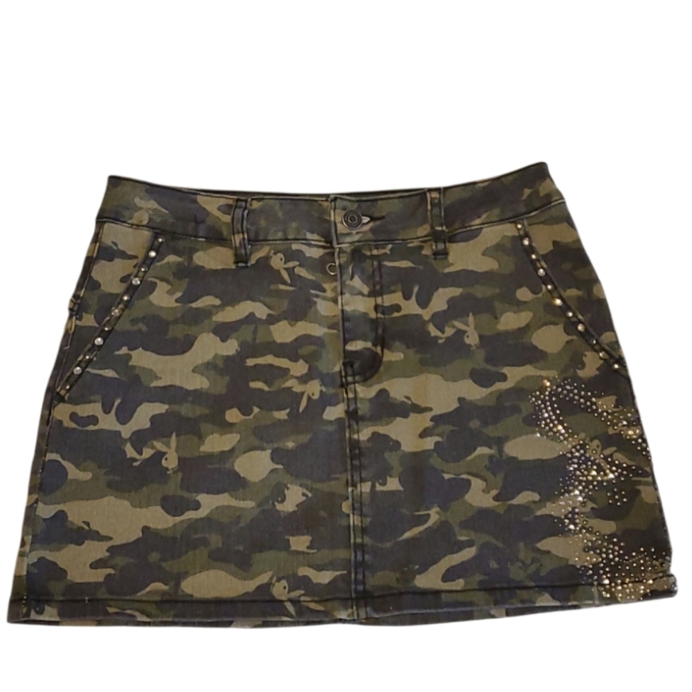 PLAYBOY Rhinestone Bunny Logo Camouflage Jean Mini Skirt